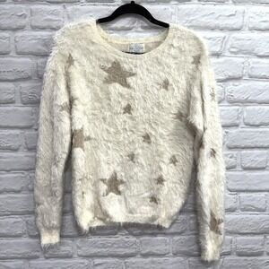 Jun & Ivy Fuzzy Sweater S Gold Shimmer Stars Soft Cozy Cream Romantic Feminine